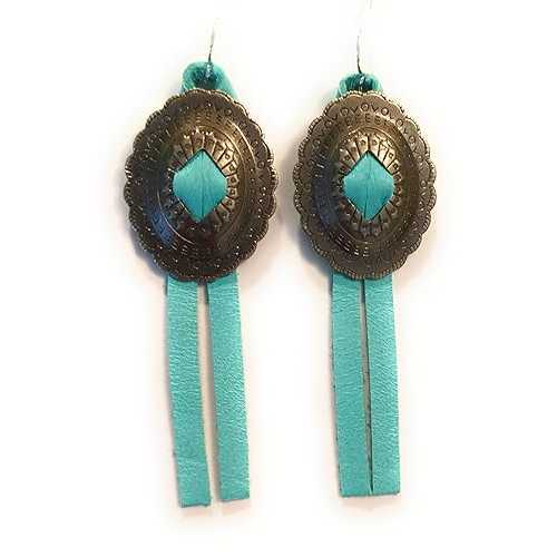 Western Concho Turquoise Premium Deerskin Leather Tassel Earrings 3 Inch Dark Si...