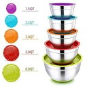 蓋付きミキシングボウル、P&P CHEF ステンレススチール製ミキシングサラダボウル、サイズ 8/5/3/2.5/1.5 QT、準備の混合保存に最適、明確な測定マークとカラフルな滑り止めベース Mixing Bowls with Lids, P&P CHEF Stainless Steel Mixing Salad Bowls,