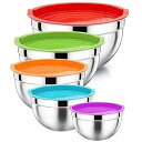 P&P CHEF Mixing Bowl with Lid Set of 5, 10-Piece Stainless Steel Nesting Salad Bowl Set for Prepping, Mixing and Serving, Size 4.6, 3, 1.5, 1, 0.7 QT, Rimmed Edges & Flat Base(3)