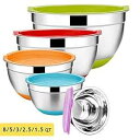 ステンレススチールミキシングボウル5個セット、サイズ8/5/3/2.5/1.5 QT、E-farメタルネスティングボウル、カラフルな気密蓋、測定マークと滑り止め...