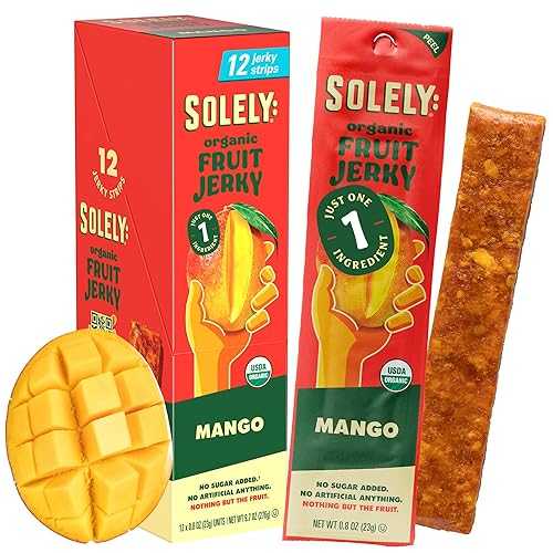 Solely - Organic Mango Fruit Jerky - 12 Individually Wrapped Fruit Strips - Fruit Leather Made from Dried Fruits - Healthy Snacks, Vegan - 0.8oz (23g) Solely - Organic Mango Fruit Jerky - 12 Individually Wrapped Frui