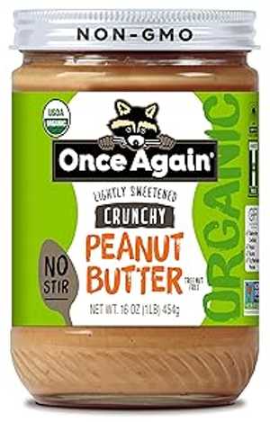 Once Again Organic Crunchy Peanut Butter, 16oz - No Stir - Lightly Sweetened & Salted - USDA Organic, Gluten Free Certified, Vegan, Kosher - Glass Jar