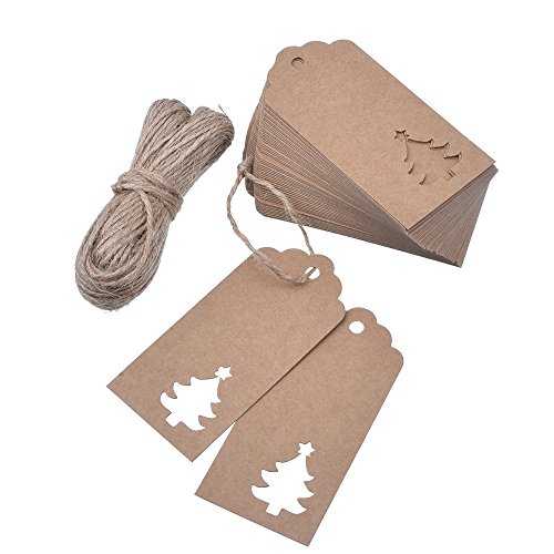 Outus 100 Pieces Christmas Kraft Paper Gift Tags Hollow Christmas Tree Design with 66 Feet Twines for Christmas Favor