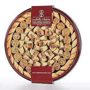 楽天Glomarketバクラヴァの詰め合わせ、1860年以来のザラティモのお菓子、100％天然のバクラヴァの詰め合わせ、丸い金属製のギフト缶に入ったほんのり甘いバクラヴァ、保存料不使用、添加物不使用、コーンスターチ不使用、シロップ不使用。2.2ポンド Assorted Baklava, Zalatimo Swee
