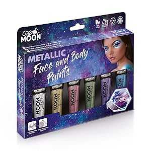 Cosmic Moon - Metallic Face t makeup for the Face & Body - 0.40fl oz - Create mesmerising metallic face t designs! - Gift Set - Includes: Pink, Gold, Blue, Green, Silver, Purple