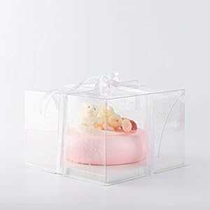 レストランウェア Sweet Vision 10インチx6.75インチ 透明ケーキボックス グレーリボンクリアケーキボックス10個 耐油ベース フラワーガーデン...