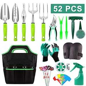 52ピースガーデンツールセット、滑り止めゴムハンドル付き高耐久ガーデニングツール、耐久性のある収納トートバッグ、剪定ばさみ、膝パッド、ガーデングローブ、植物ラベ...