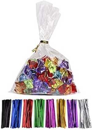 MoloTAR 100 Pcs 10 in x 6 in(1.4mil.) Clear Flat Cello Cellophane Treat Bags Good for Bakery, Cookies, Candies,Dessert with 5 random Twist Ties!