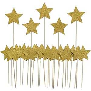 Bilipala Gold Star Cake Cupcake Decorations Toppers Picks Supplies, Appetizer Picks, 30 Counting