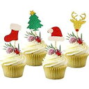 Partico 24個 クリスマスグリッターカップケーキトッパー フードフルーツピック クリスマスパーティーの記念品用デコレーション サンタ帽子、クリスマスツリー、赤い靴下、ゴールデントナカイが含まれます Partico Cupcake Topper Partico 24 Pcs Christmas Gli