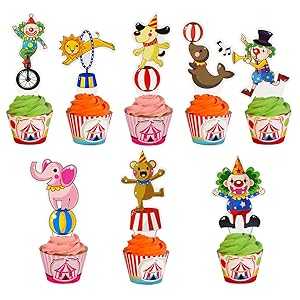 Joymee 48 Pieces Circus Animal Cupcake Topper for Carnival Themed Baby Shower Kids Birthday Party Favor Supplies Lion Bear Elephant Cake Decorations