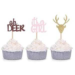 24 カウント Oh Deer It's a Girl カップケーキトッパー 性別お披露目パーティーデコレーション 女の子 ベビーシャワーパーティーの記念品 Giuffi 24 Counts Oh Deer It's a Girl Cupcake Toppers Gender Reveal Party Decorations Girl Baby S