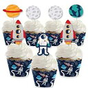 ビッグドット オブ ハピネス ブラスト オフ トゥ 宇宙 - カップケーキ デコレーション - ロケット船 ベビーシャワーや誕生日パーティー カップケーキ ラッパーとおやつピック キット - 24個セット Big Dot of Happiness Blast Off to Outer Space