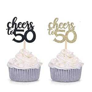 ブラックとゴールドのグリッター Cheers to 50 カップケーキトッパー 50 歳の誕生日を祝うパーティーデコレーション - 24 パック Giuffi Black and Gold Glitter Cheers to 50 Cupcake Toppers 50th Birthday Celebrating Party Decorations - 24