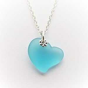 ハワイで手作り、「ハート オブ ザ シー」ターコイズ ベイ ブルー シーグラス ネックレス、「12 月の誕生石」、(ハワイ ギフト包装、カスタマイズ可能なギフト...