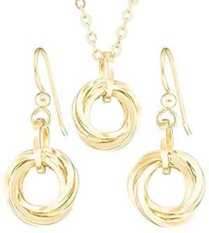 Tahmi Classy 14K Yellow Gold-Filled Simple Circle Love Knot Jewelry Gift Set Idea for Minimalist Women with Dangle Earrings and 20 Inch Pendant Necklace on Chain (French Wire)
