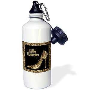 3dRose "Cheetah Print Wildl Woman Stiletto Pump and Diamond Bling" Sports Water Bottle, 21 oz, White