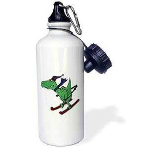 3dRose Funny Green Trex Dinosaur on Snow Skis-Sports Water Bottle, 21oz , 21 oz, Multicolor