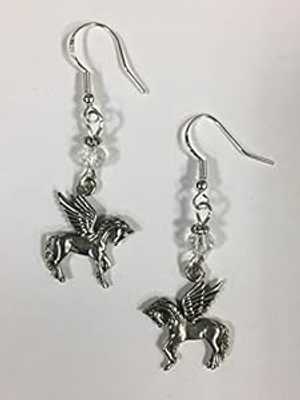 ペガサス フライング ホース ファンタジー イヤリング、スターリング シルバー イヤーワイヤーにクリア..