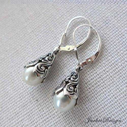 ホワイトパールレバーバックバリスターリングシルバーピアス JD225 JackieDesign White Pearl Leverback Bali Sterling Silver Earrings JD225