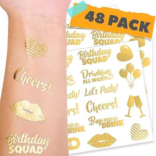 CORRURE 48pcs Birthday Tattoos - Gold Temporary Tattoos Metallic for Women and Men - Happy Birthday Squad Tattoos for Girls, 18th 21st 25th 30th or Any Adult Bday - 11 Flash Party Tattoos