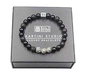 ミックスブラックストーンとスターリングシルバーのブレスレット、メンズオニキスと溶岩石のブレスレット Kartini Studio Mixed Black Stone and Sterling Silver Bracelet, Men's Onyx and Lava Stone Bracelet