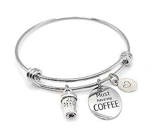 Pammytail Must Have Coffee Charm Bracelet Expandable Bangle in Stainless Steel
