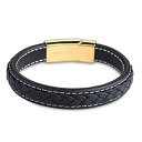 FORZIANI 織りプレミアムブラックナッパレザーメンズブレスレット - 14K ゴールドメッキスチール磁気クラスプ - サイズ L - ギフトボックスパッケ...