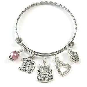 SCRAPHEART 10th BIRTHDAY Bracelet with 60 mm Bangle, 10th Birthday Charm Bracelet, Granddaughter Daughter Gift Idea, Tenth Birthday Gift, 10 Year Old Birthday Bangle