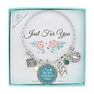 MOM & THREE DAUGHTERS Happy Retirement Women's Bangle Bracelet Stainless Steel Pewter and Metal Toned Charms Perfect Gift for Women