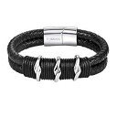 Forziani プレミアム ブラック ナッパ 編み込みレザー ブレスレット メンズ - ステンレススチールのアクセント付き本革リストバンド - サイズ L -...