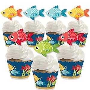 Big Dot of Happiness Let's Go Fishing – カップケーキデコレーション – 魚をテーマにした誕生日パーティーやベビーシャワーのカップケーキラッパーとトリートピックキット – 24個セット Big Dot of Happiness Let s Go Fishing - Cupcake Decor
