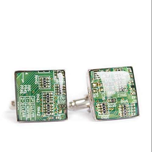 緑の回路基板のカフリンクス、コンピューターマニアへのリサイクル ギフト ReComputing Green Circuit Board Cufflinks, r...