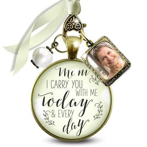 Gutsy Goodness Memory Wedding Bouquet Charm Mom I Carry You With Me Today Jewelry for Bride in Remembrance Vintage Bronze Cream Glass Pendant White Bead 1 Photo Frame Ties to F DIY Picture Template