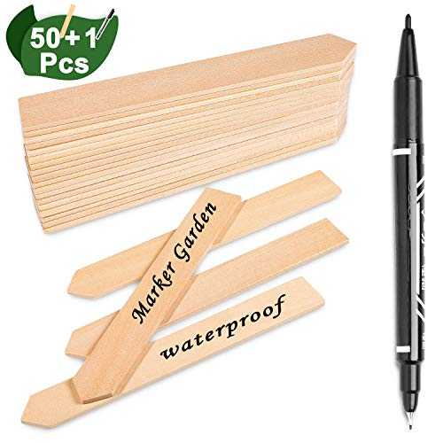 Whaline 50個 木製植物ラベル マーカーペン付き 防水 先のとがった木製植物サインタグ 環境に優しいガ..