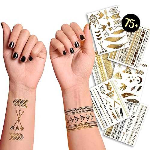 Terra Tattoos Gold Metallic Tattoo Flash Sheets Designs of Stars, Feathers, Moon & more! Face Tattoos for Women Waterproof Nontoxic Long Lasting 75+ Designs for Vacation, Festivals Parties - Gold Terra Tattoos Gold Metallic Tattoo Flash Sheets Designs of Stars, Feathers, Moon & more! Face Tattoos for Women Waterproof Nontoxic Long Lasting 75+ Designs for Vacation, Festivals Parties - Gold