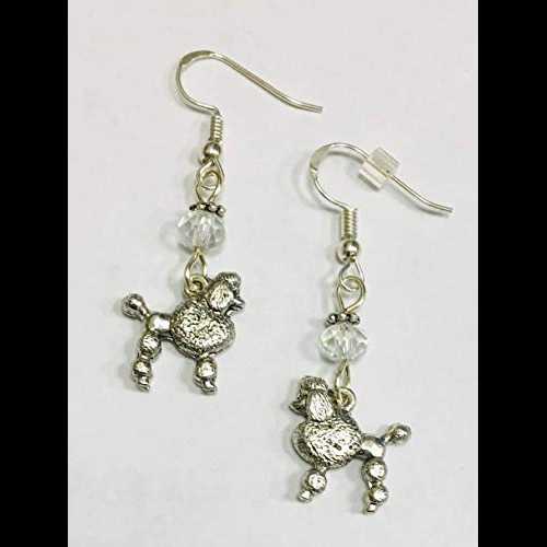 プードル犬種イヤリング、スターリングシルバーのイヤーワイヤーにクリアクリスタルファセットアクセントビーズ付き Ann Peden Jewelry Poodle Dog Breed Earrings, with a clear crystal faceted accent bead on sterling silver earwires