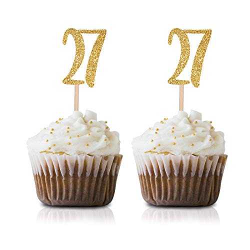 ゴールド Happy 27th Birthday カップケーキトッパー 24個パック 数字 27 グリッター誕生日パーティーカップケーキトッパー デコレーション MAGJUCHE Gold Happy 27th Birthday Cupcake Topper, 24-Pack Number 27 Glitter Birthday Party Cupcake