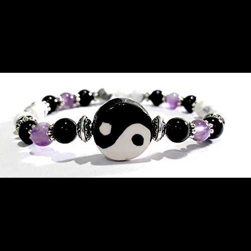 手作りの陰陽、アメジスト、ブラック トルマリン、ハウライト ヒーリング ブレスレット 7 インチ Sky Spirit Jewelry Handmade Yin Yang, Amethyst, Black Tourmaline and Howlite Healing Bracelet 7 Inches 手作りの陰陽、アメジスト、ブラック トルマリン、ハウライト ヒーリング ブレスレット 7 インチ Sky Spirit Jewelry Handmade Yin Yang, Amethyst, Black Tourmaline and Howlite Healing Bracelet 7 Inches