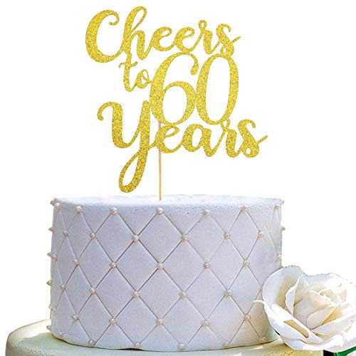 60 年に乾杯 ケーキトッパー - 60 歳の誕生日/記念日パーティーデコレーション - 両面ゴールドグリッター JIEEIN Cheers to 60 Years Cake Topper - 60th Birthday / Anniversary Party Decorations - Double Sided Gold Glitter