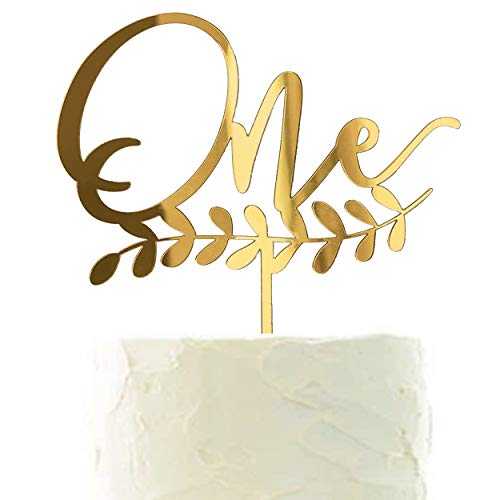 Apluselection Gold Shiny 1st Birthday Topper - Acrylic Number One Smash Cake Topper Decoration For Baby Shower Photo Booth Props, First Birthday and Anniversary Party Decorations in Elegant Leaves Style