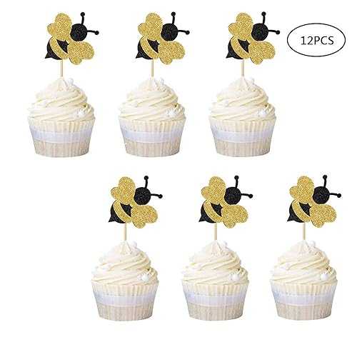 グリッターバンブルビー カップケーキトッパー バンブルビー用 性別発表 ベビーシャワー 誕生日パーティー 装飾 12個 zorpia Glitter Bumble Bee Cupcake Toppers for Bumble Bee Gender Reveal Baby Shower Birthday Party Decor 12 Counts