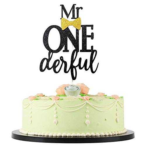 HAKPUOTR Mr Onederful ケーキトッパー - 両面ブラックグリッター 1歳のファーストケーキデコレーション 蝶ネクタイ付き - 1歳の誕生日/ベビーシャワー/1歳の誕生日ケーキデコレーション HAKPUOTR Mr Onederful Cake Topper- Double Sided Black Glitter