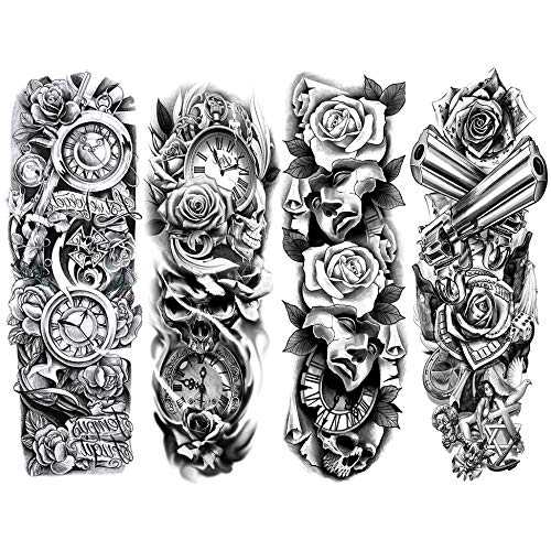 Oottati 4 枚ブラックフルアーム花時計マスクローズガンクロスボディアート一時的なタトゥー Oottati 4 Sheets Black Full Arm Flower Clock Mask Rose Gun Cross Body Art Temporary Tattoos Oottati 4 枚ブラックフルアーム花時計マスクローズガンクロスボディアート一時的なタトゥー Oottati 4 Sheets Black Full Arm Flower Clock Mask Rose Gun Cross Body Art Temporary Tattoos