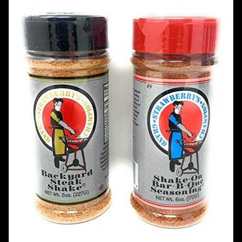 BBQ 2 パック: シェイクオン バーベキュー シーズニング - 6 オンス、バックヤード ステーキ シェイク - 8 オンス Strawberry's Grand Champion BBQ 2 Pack: Shake-On Bar-B-Que Seasoning - 6 oz, Backyard Steak Shake - 8 oz.