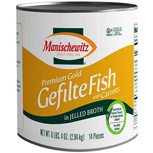マニシュヴィッツ プレミアム ゴールド ゲフィルテ フィッシュ、ゼリー状のスープ入り (14 個)、MSG 不使用、過越祭用のコーシャ Manischewitz Premium Gold Gefilte Fish, (14 Pieces) in Jelled Broth, No MSG, Kosher for Passover