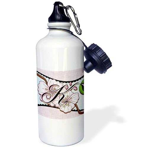 3dRose "Cherry Blossom Flower Monogram Initial K" Sports Water Bottle, 21 oz, White