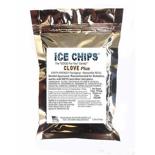 ICE CHIPS Xylitol Candy in Large 5.28 oz Resealable Pouch; Low Carb & Gluten Free (Clove Plus)