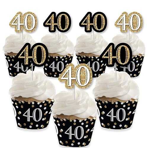 Big Dot of Happiness Adult 40th Birthday - Gold - Cupcake Decoration - Birthday Party Wrappers and Treat Picks Kit - Set of 24