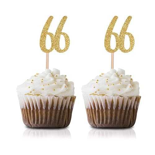 ゴールド Happy 66th Birthday カップケーキトッパー 24個パック Number 66 グリッター誕生日パーティーカップケーキトッパー デコレーション MAGJUCHE Gold Happy 66th Birthday Cupcake Topper, 24-Pack Number 66 Glitter Birthday Party Cupcake